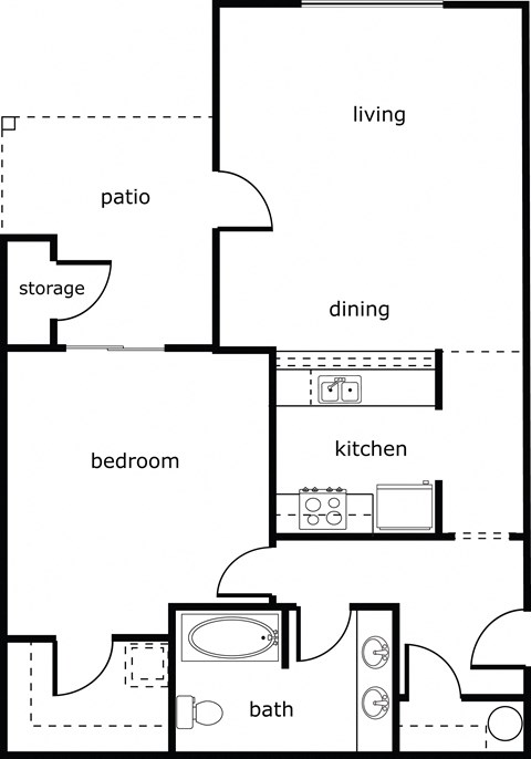 Floor plan for 1 bed, 1 bath, 800 sqft